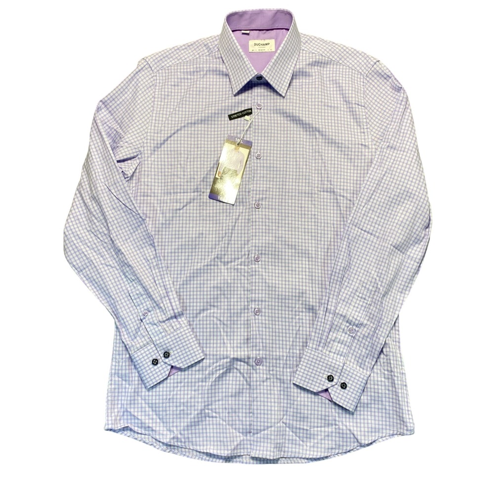 Duchamp London Slim Fit Dress Shirt Mens 16 L Purple White Check Stretch Cotton
